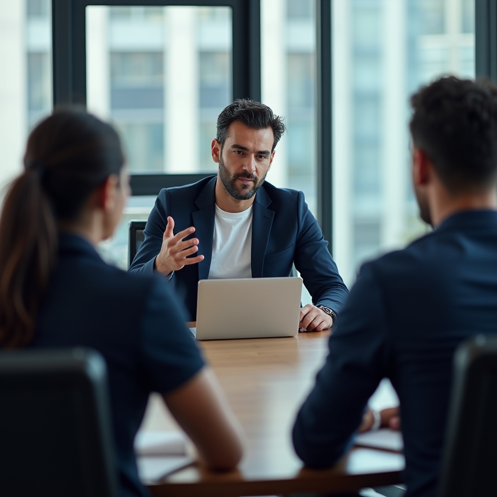 Consultor independiente en reunión con cliente, revisando trabajo en pantalla